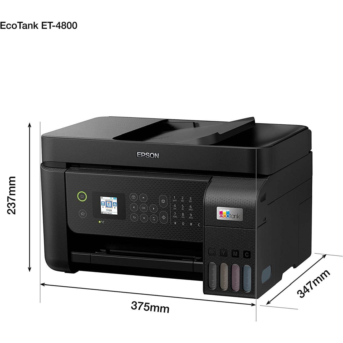 Epson EcoTank ET-4800 stampante Multifunzione A4 (stampa, copia, scansione, fax) ADF, display LDC 3.7cm, USB, Wi-Fi, Wi-Fi Direct, Ethernet, Epson Smart Panel, AirPrint, serbatoi f