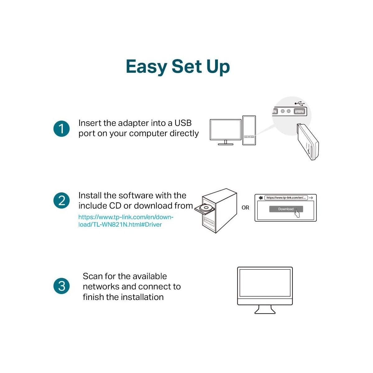 TP-Link TL-WN821N Adattatore USB Scheda di Rete, Wireless 300Mbps, 2.4GHz, 2 Antenne Interne, USB 2.0, Pulsante WPS N300 Single